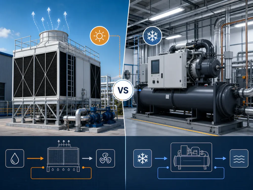 Cooling tower vs chiller comparison for HVAC and industrial cooling systems.