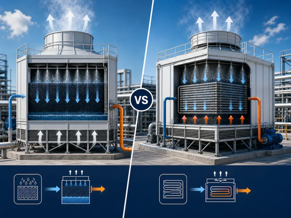 Open circuit cooling tower vs closed circuit cooling tower comparison.
