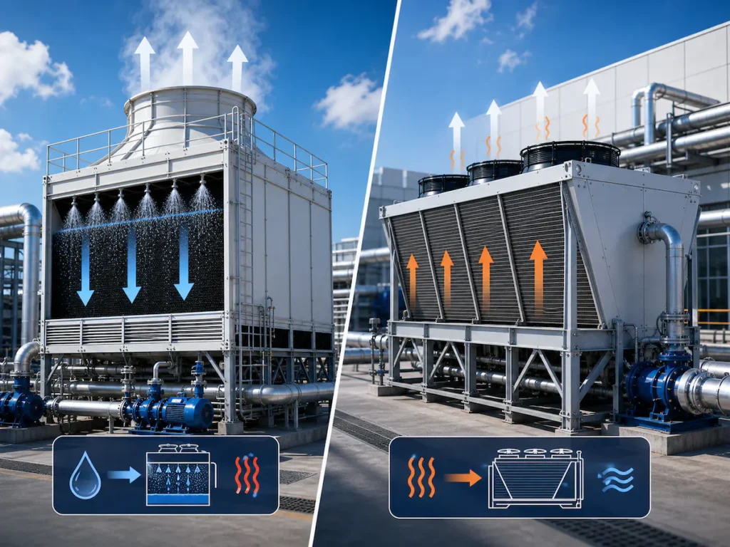 Wet cooling tower vs dry cooling tower comparison for industrial cooling.