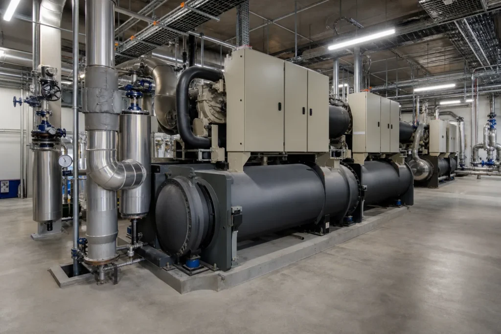 Industrial chiller units and process cooling piping in a modern HVAC plant room